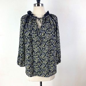 Dalia Womens Black Floral Chiffon Top Boho 3/4 Sleeve Ruffles Blouse Flowy Small